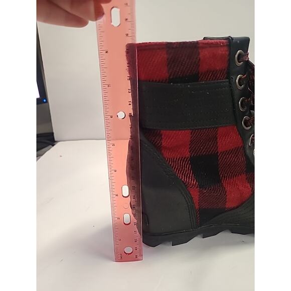 Sorel Lexie Boots Women's 8 Black Red Leather Buffalo Plaid Hidden Wedge Booties - Picture 4 of 12
